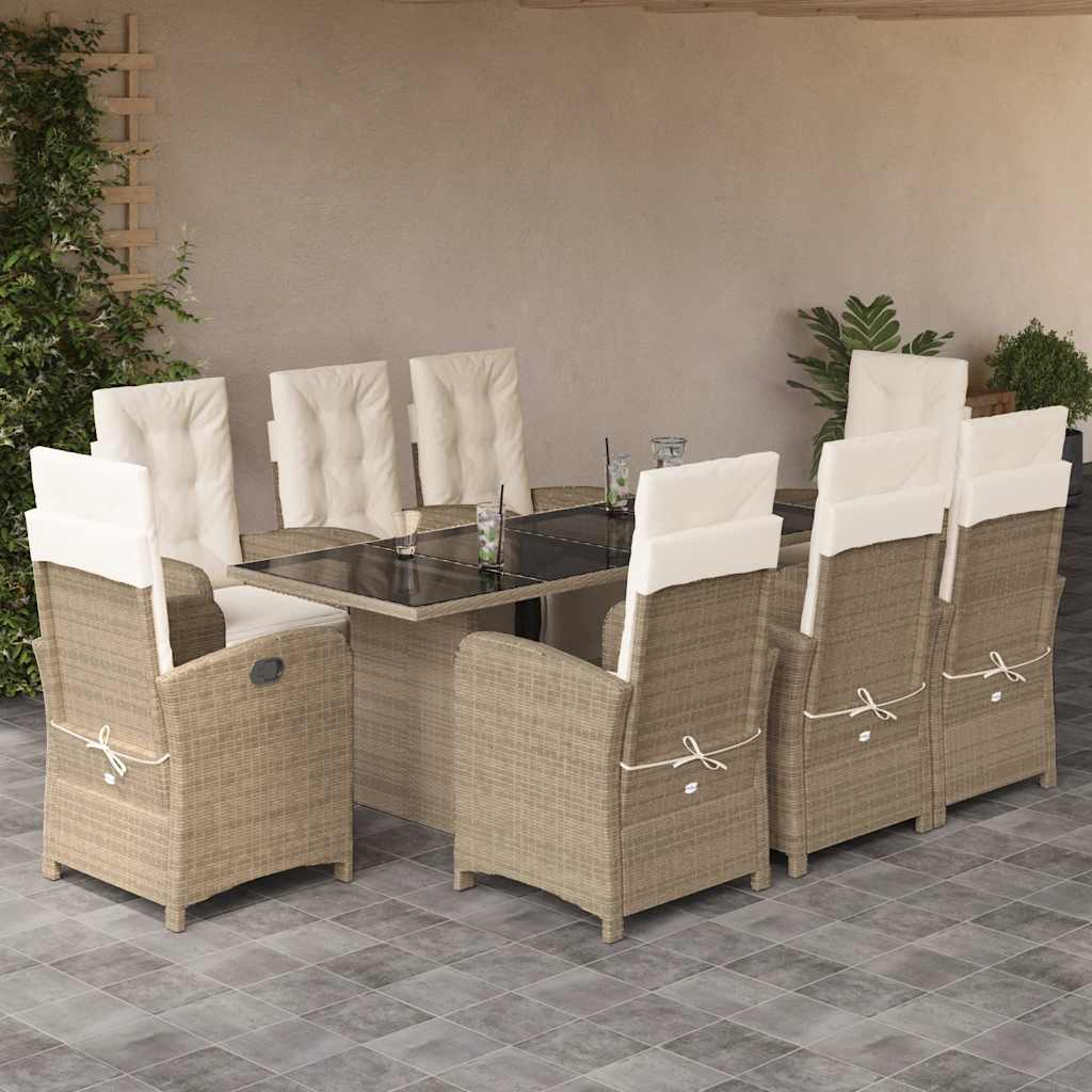 9 Pcs conjunto de jantar p/ jardim com almofadões vime PE bege