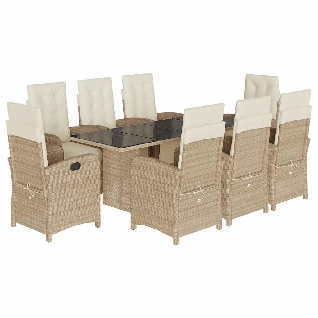 9 Pcs conjunto de jantar p/ jardim com almofadões vime PE bege