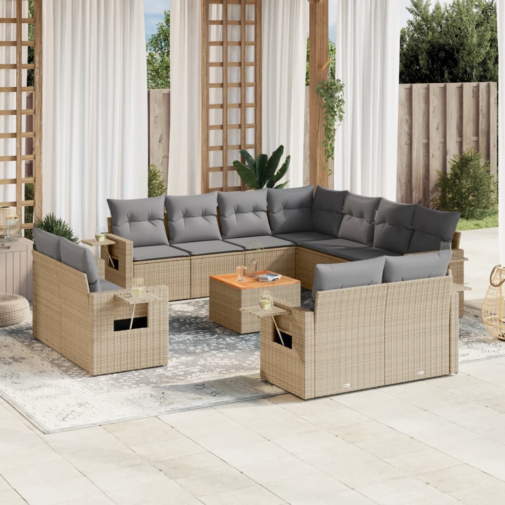 12 Pcs conj. sofás jardim c/ almofadões vime PE bege misturado