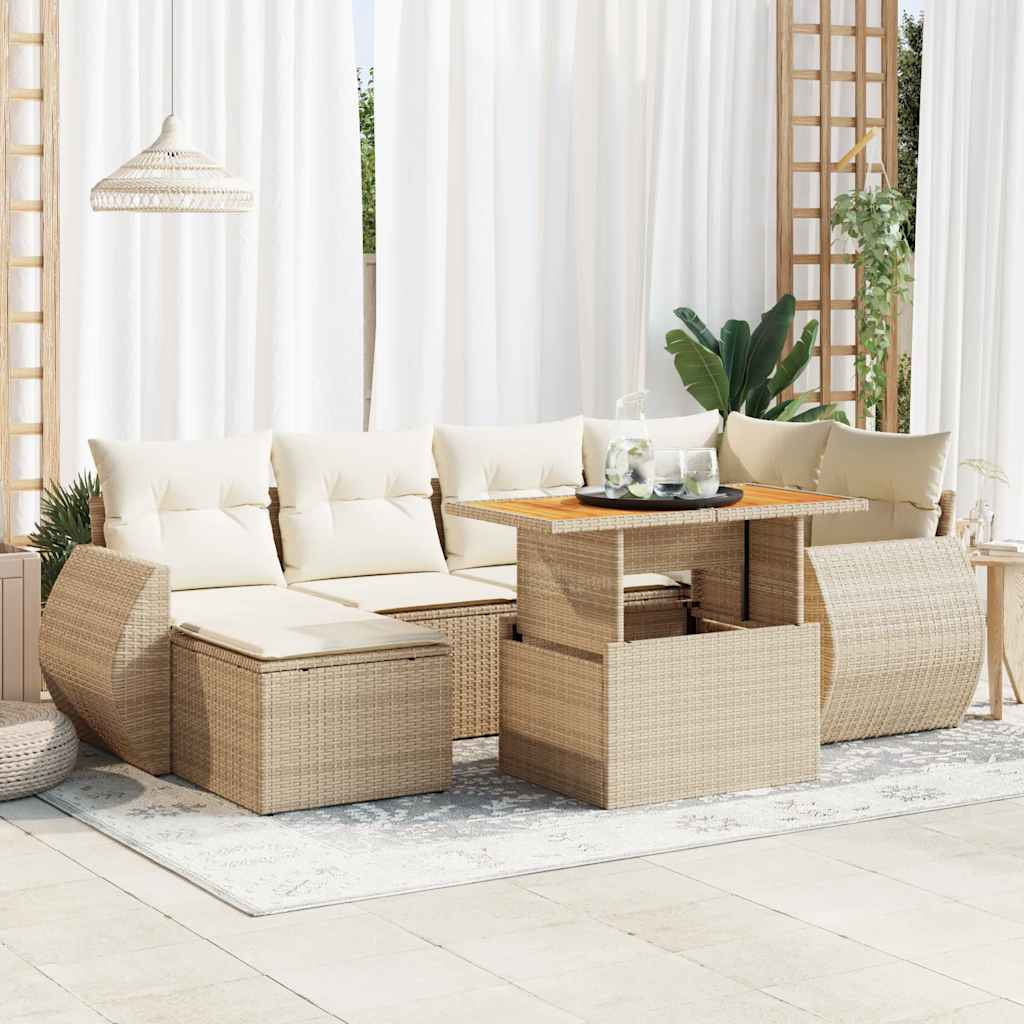 7 Pcs conjunto de sofás p/ jardim com almofadões vime PE bege