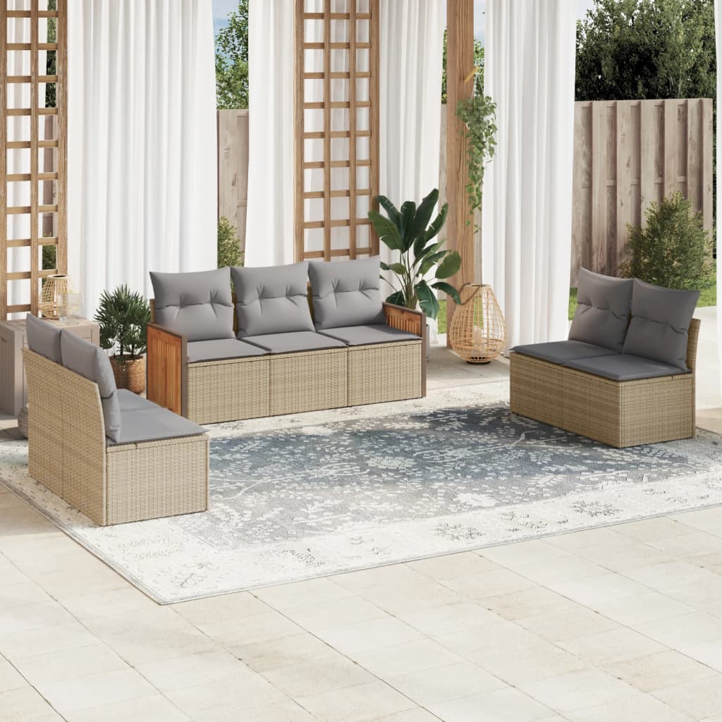 7 Pcs conjunto de sofás p/ jardim com almofadões vime PE bege