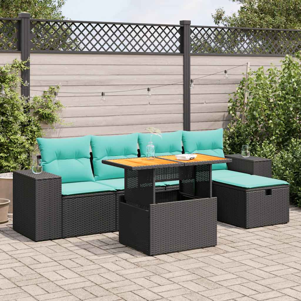 6 Pcs conj. sofás jardim c/ almofadões vime PE/acácia castanho