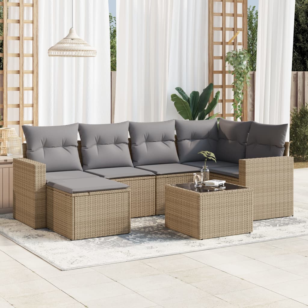 7 Pcs conjunto de sofás p/ jardim com almofadões vime PE bege