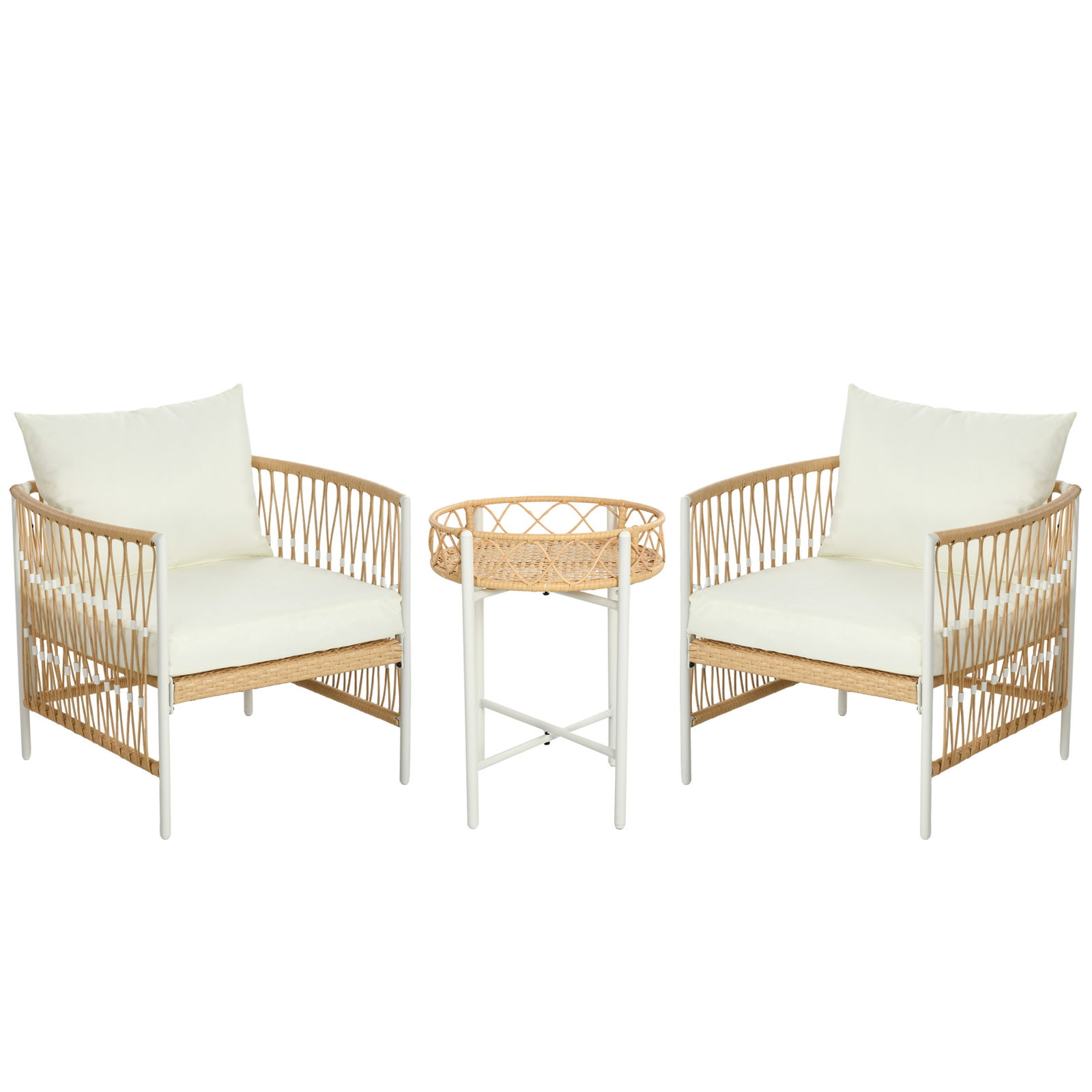 Conjunto de jardim exterior com 2 cadeiras e mesa em vime com almofadas acolchoadas para varanda terraço bege e creme
