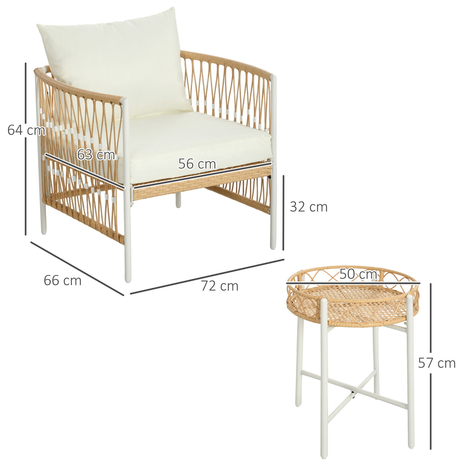 Conjunto de jardim exterior com 2 cadeiras e mesa em vime com almofadas acolchoadas para varanda terraço bege e creme