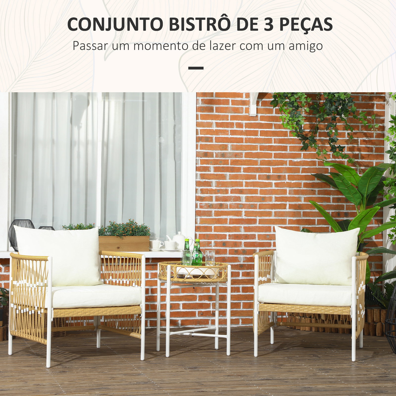 Conjunto de jardim exterior com 2 cadeiras e mesa em vime com almofadas acolchoadas para varanda terraço bege e creme