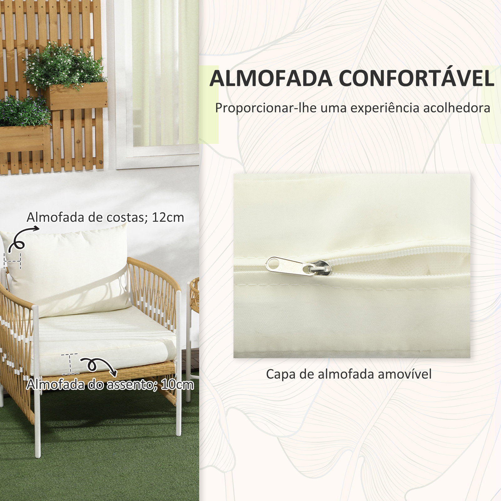 Conjunto de jardim exterior com 2 cadeiras e mesa em vime com almofadas acolchoadas para varanda terraço bege e creme