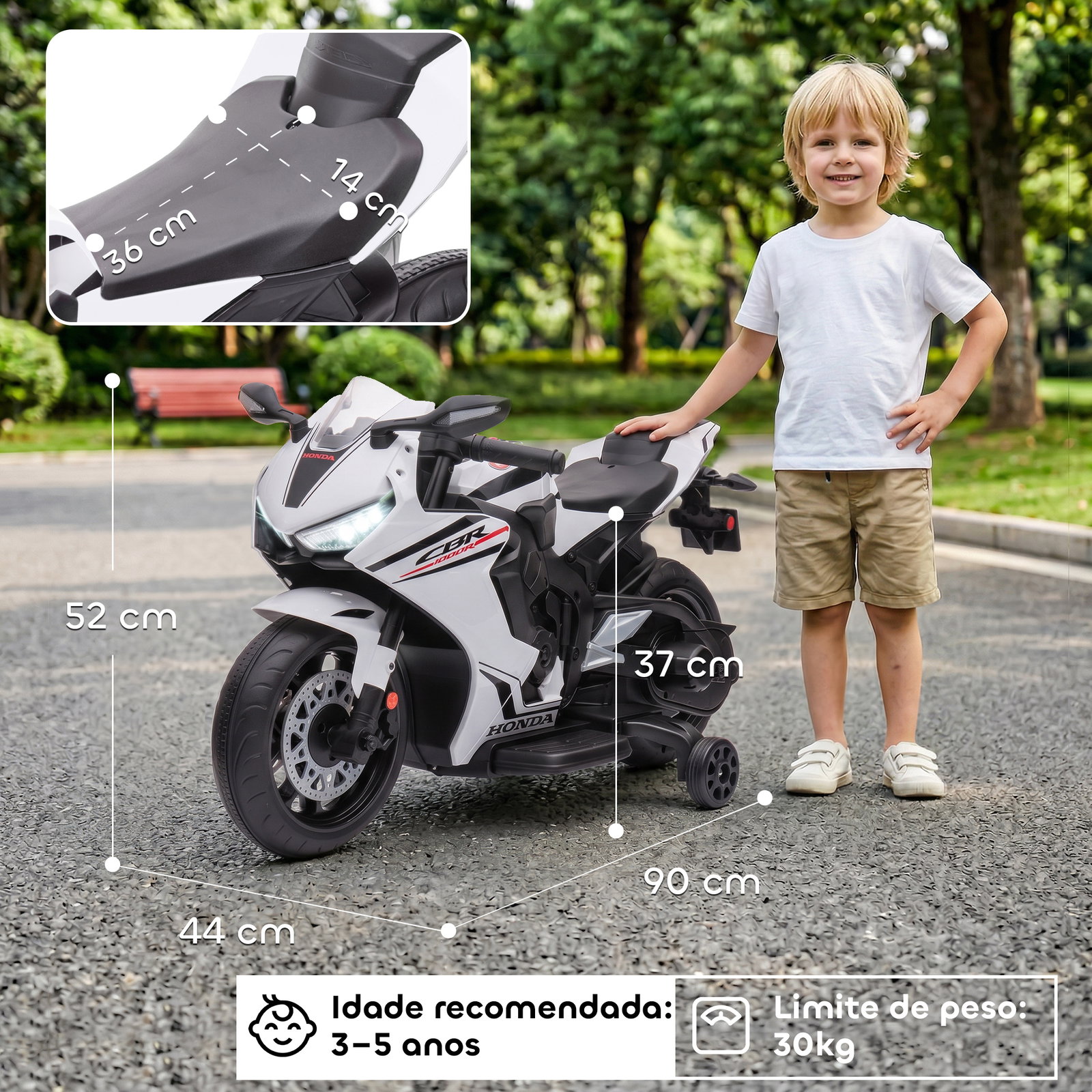 Mota elétrica com licença honda para crianças de 3-5 anos mota a bateria 6v com farol buzina música 90x44x52cm branco
