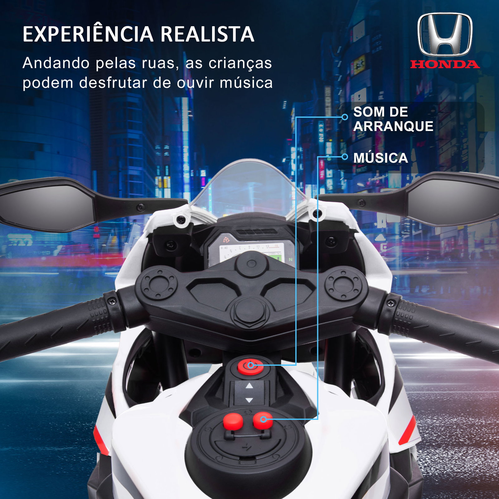 Mota elétrica com licença honda para crianças de 3-5 anos mota a bateria 6v com farol buzina música 90x44x52cm branco