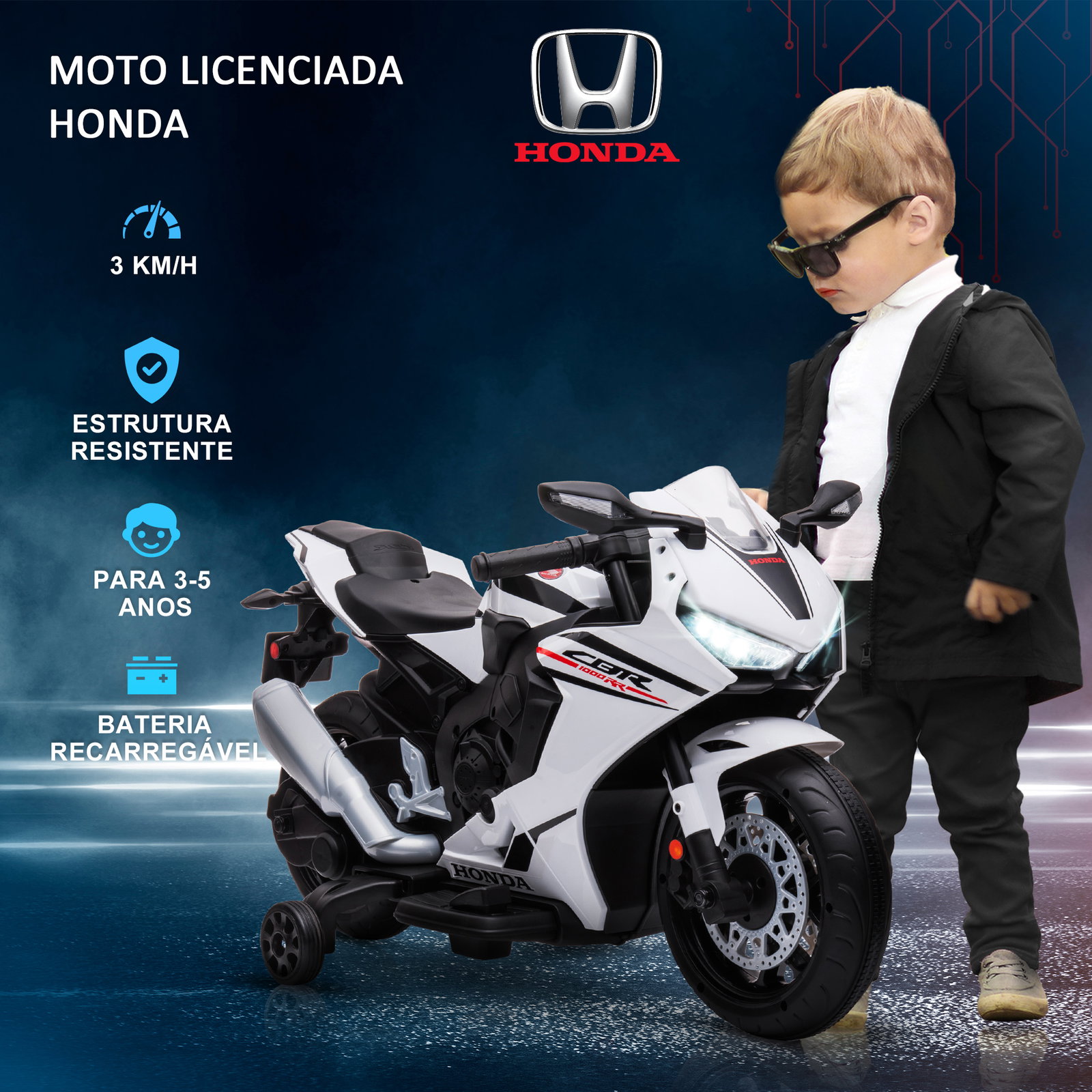 Mota elétrica com licença honda para crianças de 3-5 anos mota a bateria 6v com farol buzina música 90x44x52cm branco