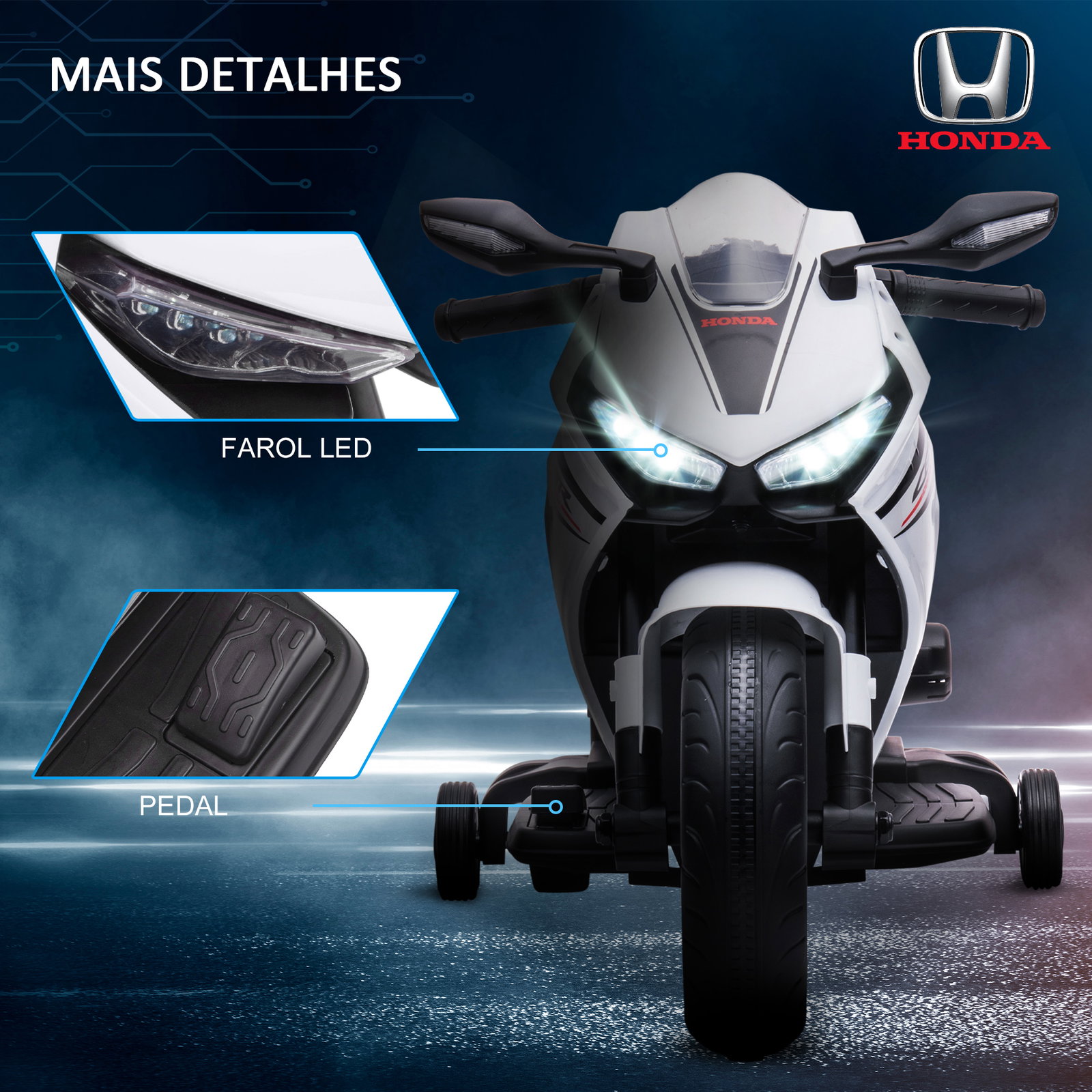 Mota elétrica com licença honda para crianças de 3-5 anos mota a bateria 6v com farol buzina música 90x44x52cm branco