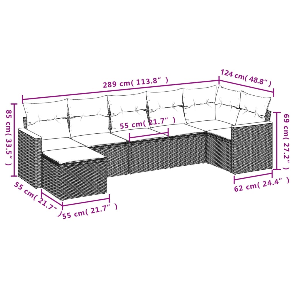 7 Pcs conjunto de sofás p/ jardim c/ almofadões vime PE preto