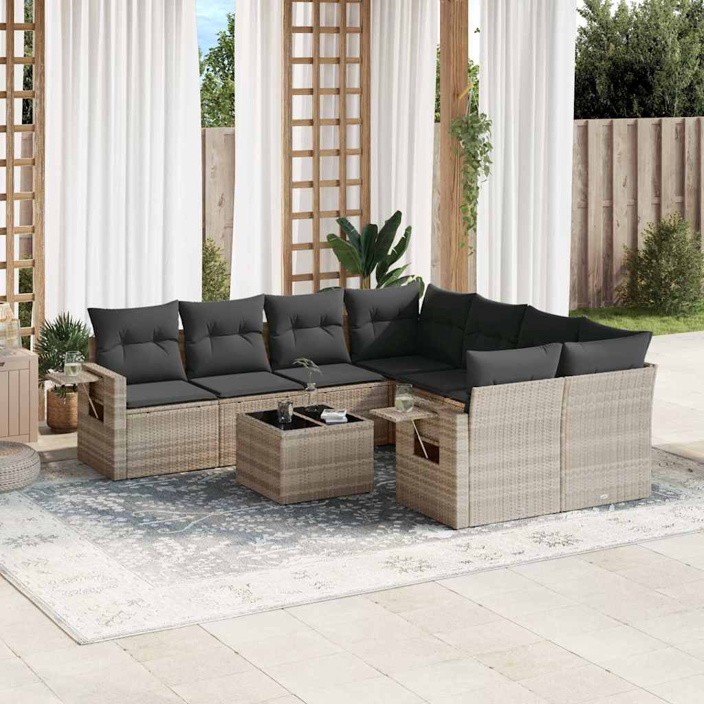 9 Pcs conj. sofás jardim com almofadões vime PE cinzento-claro