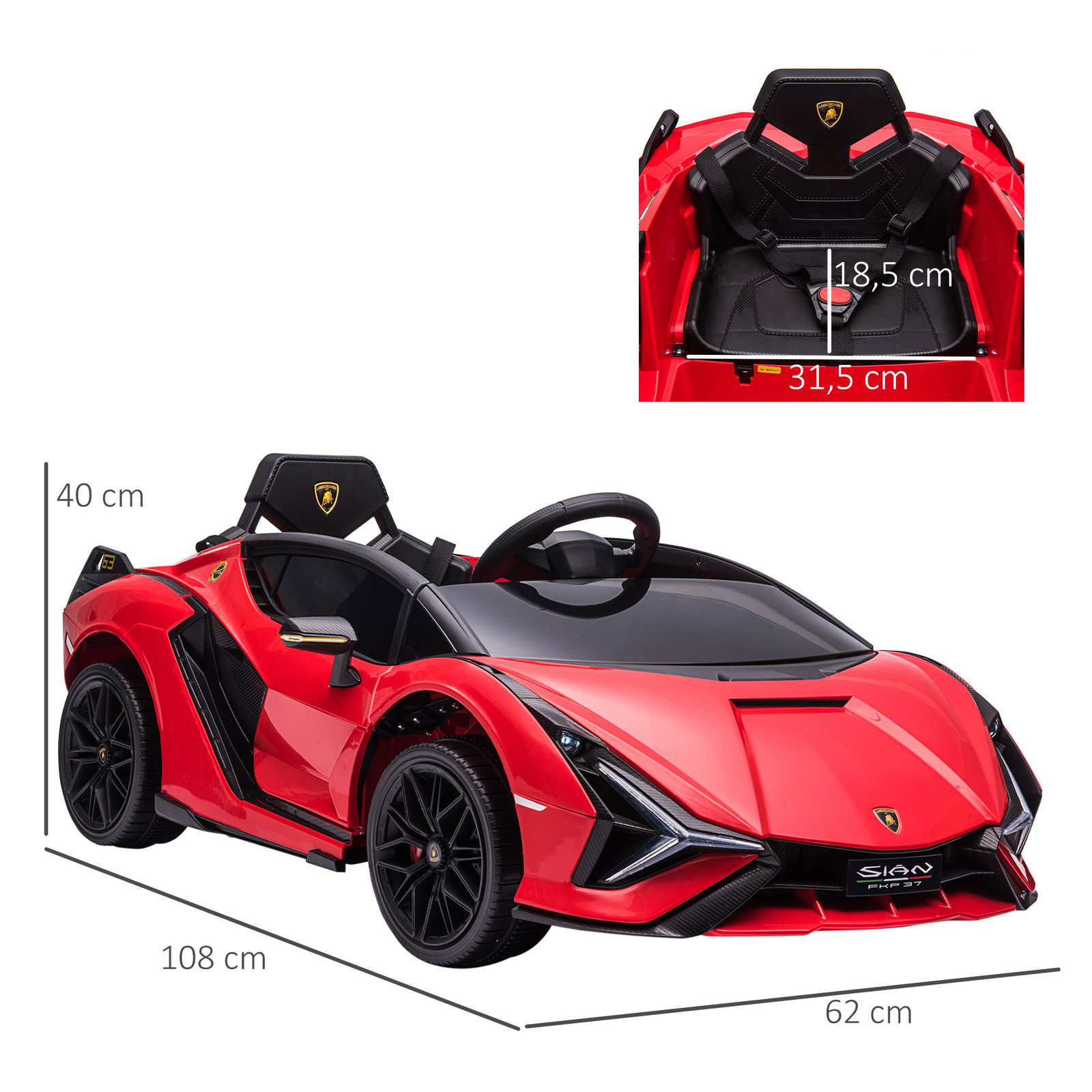 Carro Elétrico Lamborghini SIAN 12V para Crianças de 3-5 anos com Controle Remoto Abertura da Porta Música MP3 USB e Faróis 108x