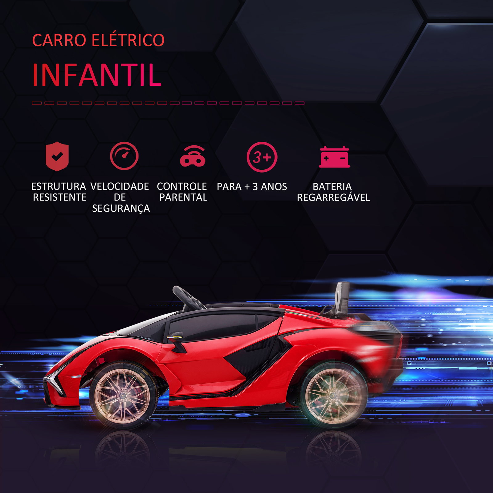 Carro Elétrico Lamborghini SIAN 12V para Crianças de 3-5 anos com Controle Remoto Abertura da Porta Música MP3 USB e Faróis 108x