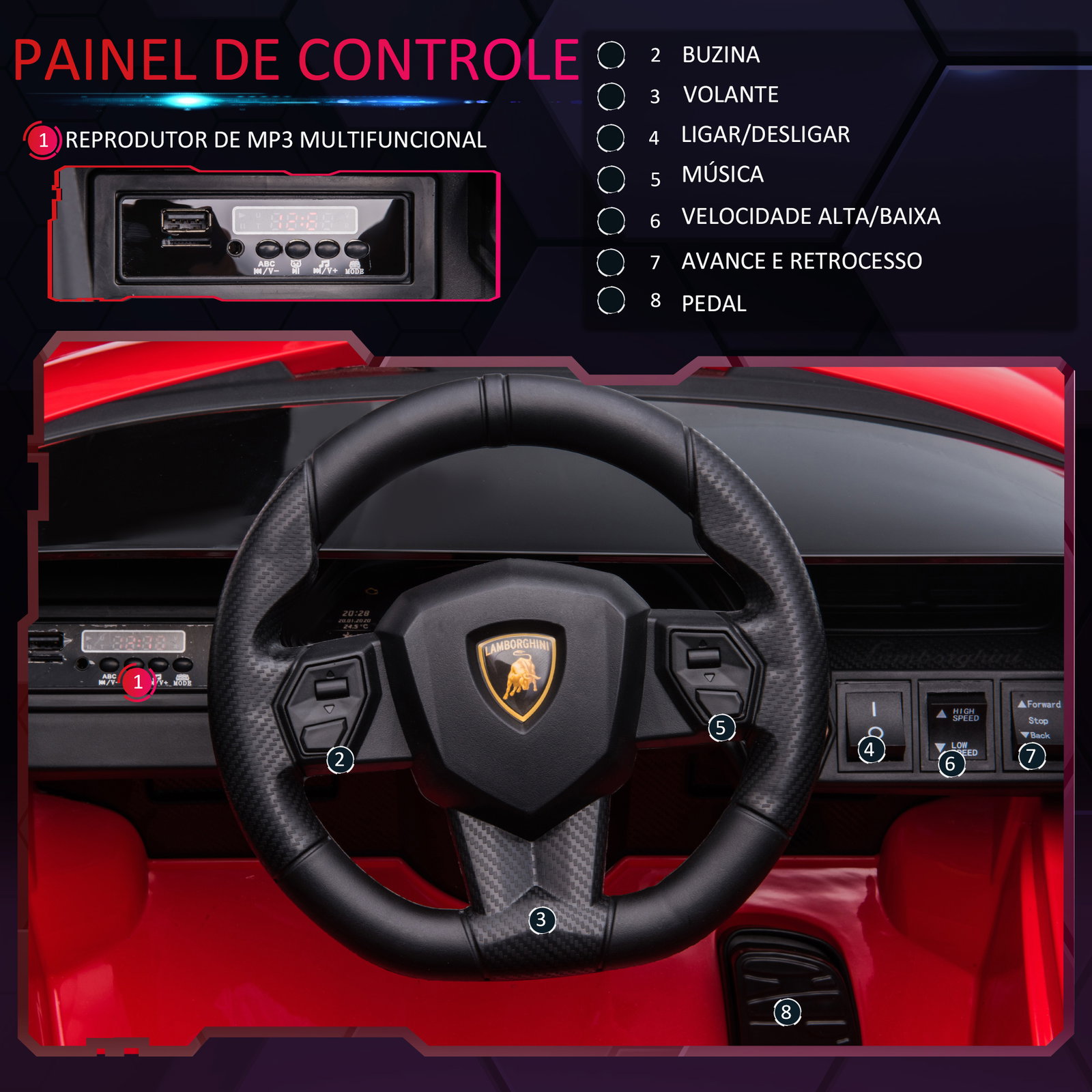 Carro Elétrico Lamborghini SIAN 12V para Crianças de 3-5 anos com Controle Remoto Abertura da Porta Música MP3 USB e Faróis 108x