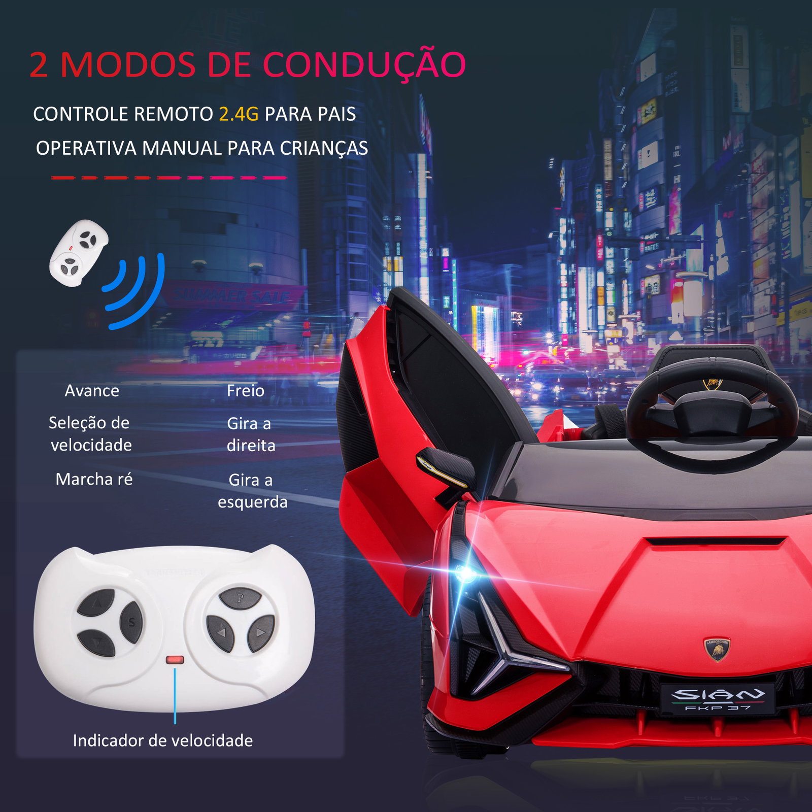 Carro Elétrico Lamborghini SIAN 12V para Crianças de 3-5 anos com Controle Remoto Abertura da Porta Música MP3 USB e Faróis 108x