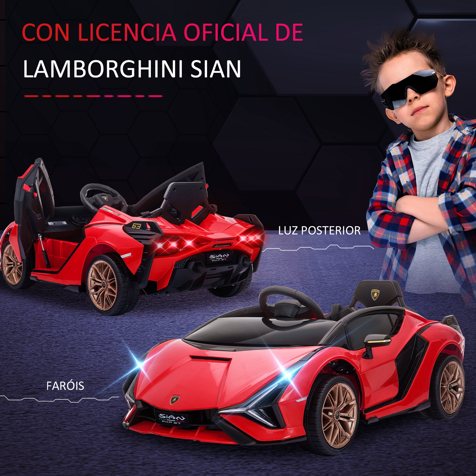 Carro Elétrico Lamborghini SIAN 12V para Crianças de 3-5 anos com Controle Remoto Abertura da Porta Música MP3 USB e Faróis 108x