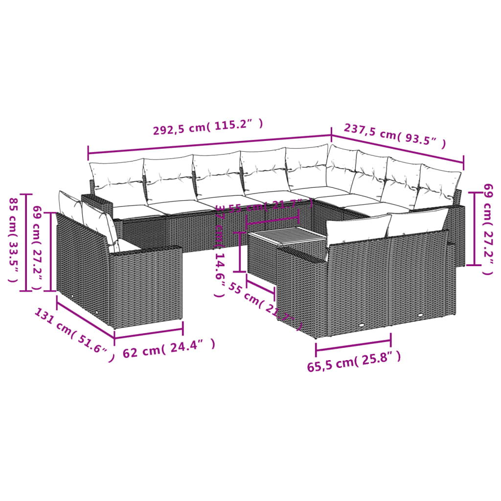 13 Pcs conjunto de sofás p/ jardim com almofadões vime PE bege
