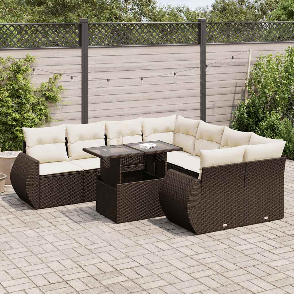 9 Pcs conjunto sofás p/ jardim c/ almofadões vime PE castanho