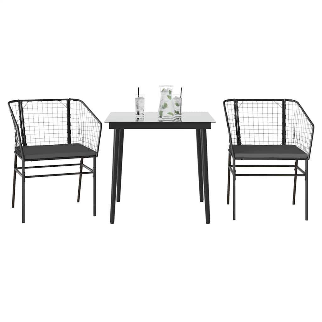 3 Pcs conjunto jantar jardim almofadões vime PE vidro preto