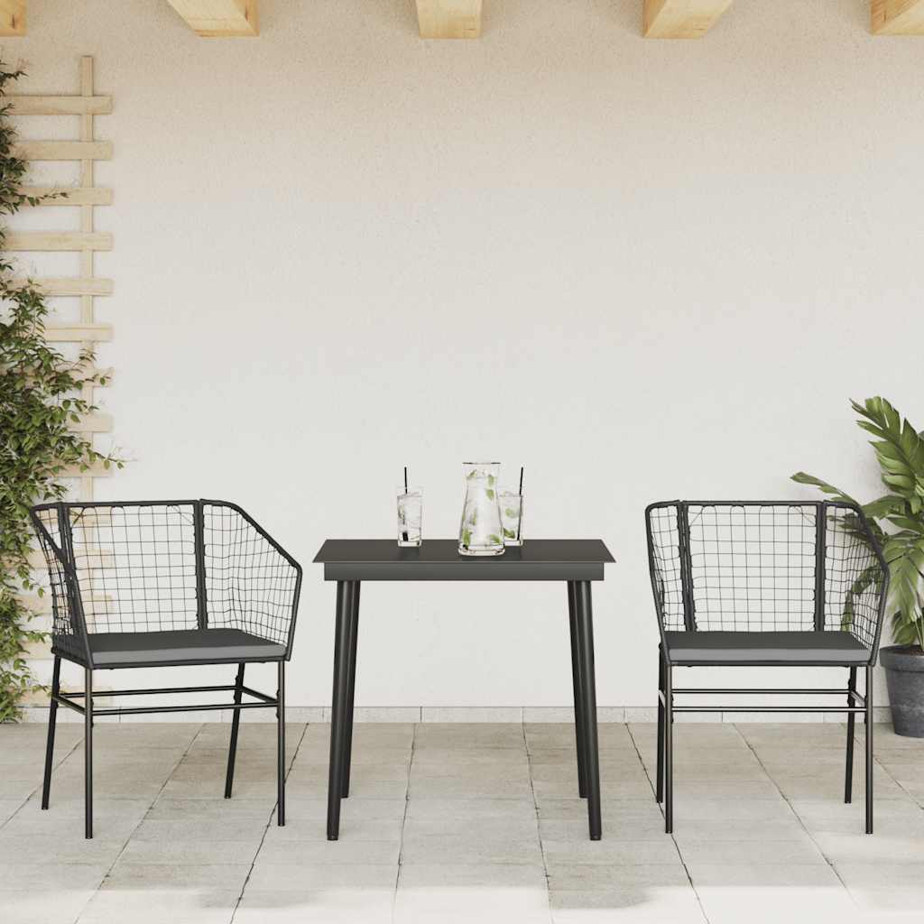 3 Pcs conjunto jantar jardim almofadões vime PE vidro preto