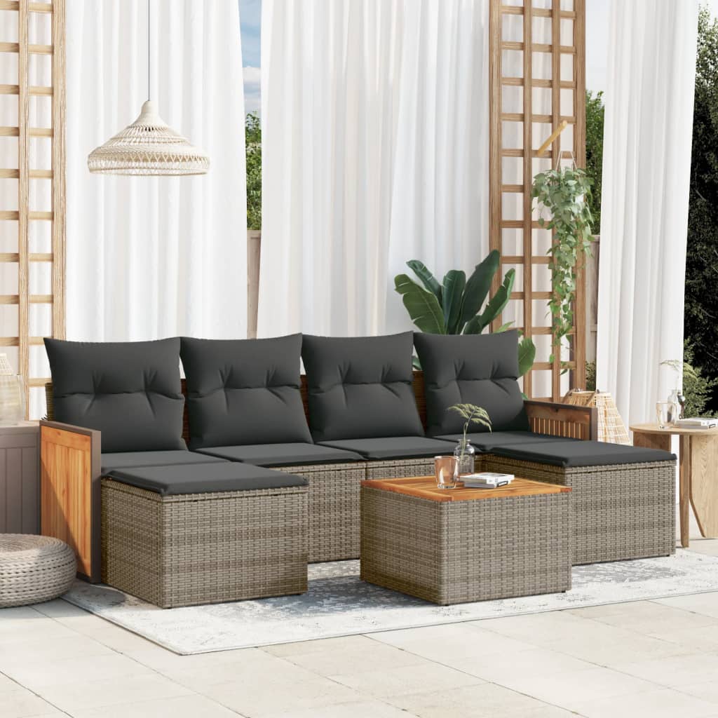 7 Pcs conjunto sofás p/ jardim c/ almofadões vime PE cinzento