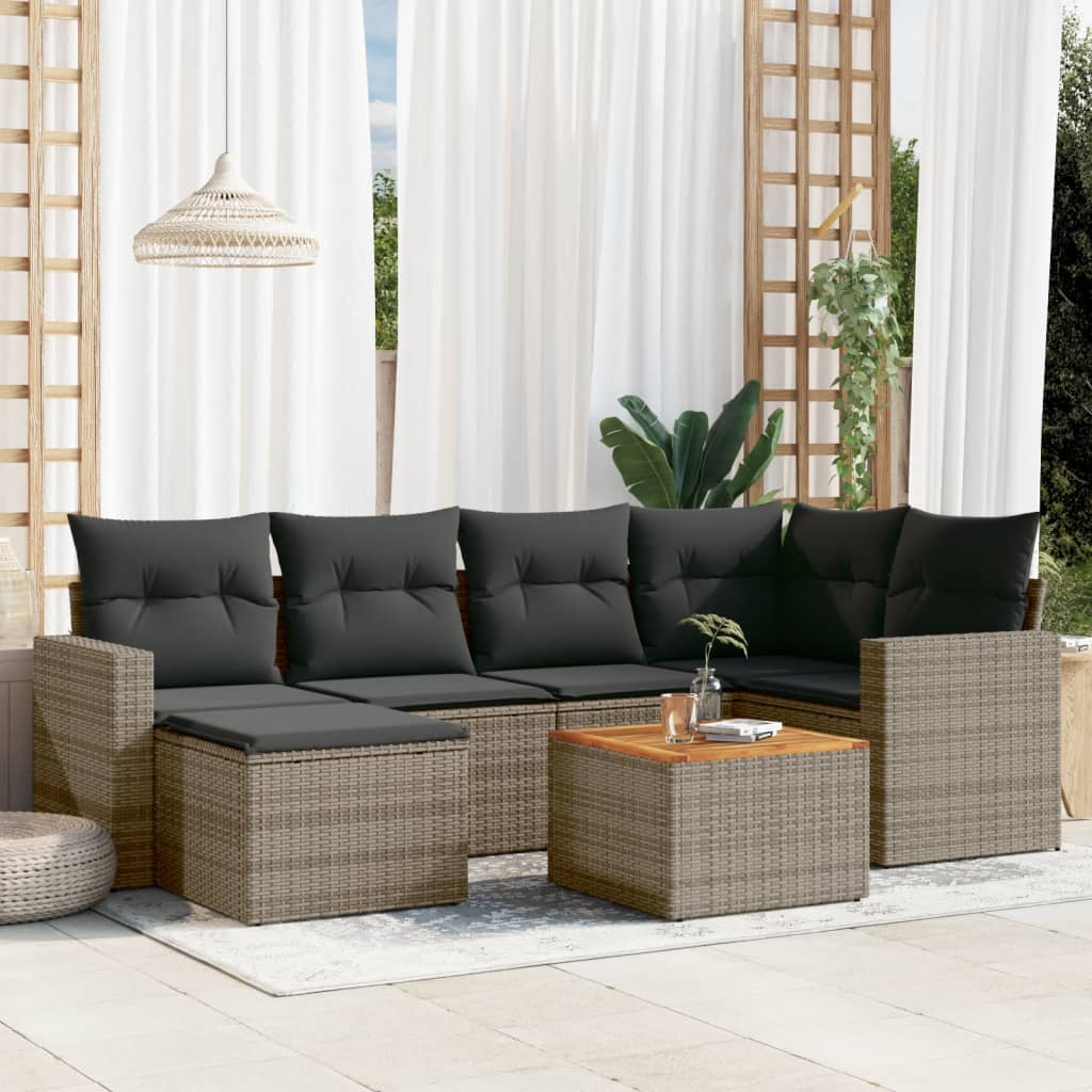 7 Pcs conjunto sofás p/ jardim c/ almofadões vime PE cinzento
