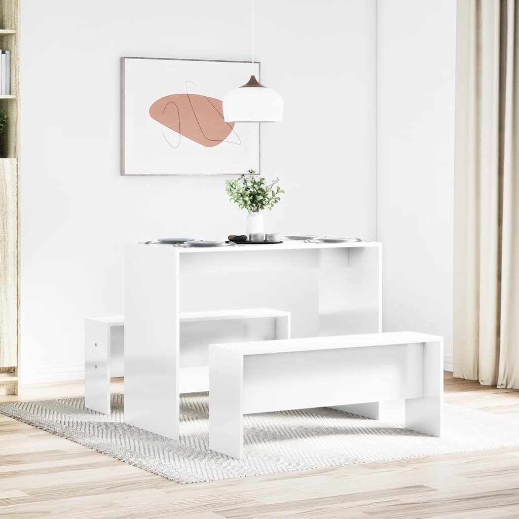 3 Pcs conj. mesa jantar e banco deriv. madeira branco brilhante