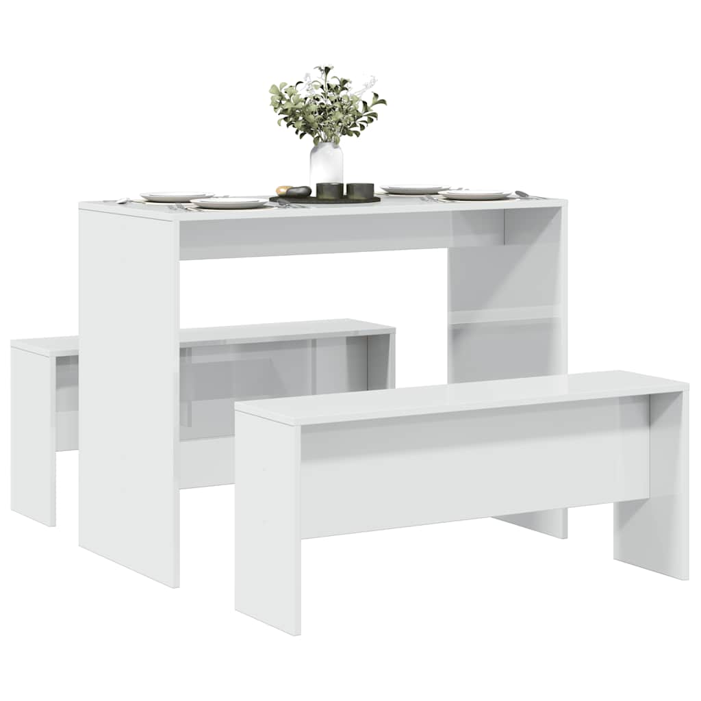 3 Pcs conj. mesa jantar e banco deriv. madeira branco brilhante