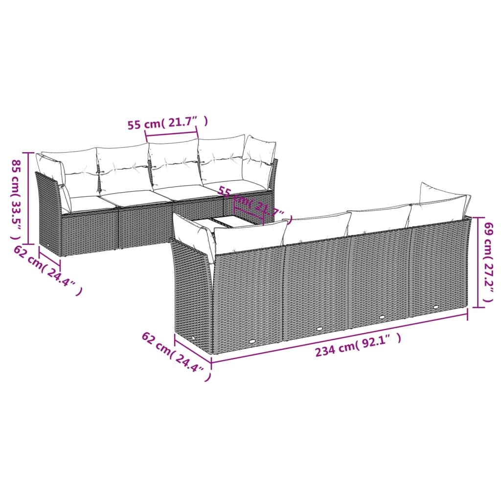 9 Pcs conjunto de sofás p/ jardim c/ almofadões vime PE preto