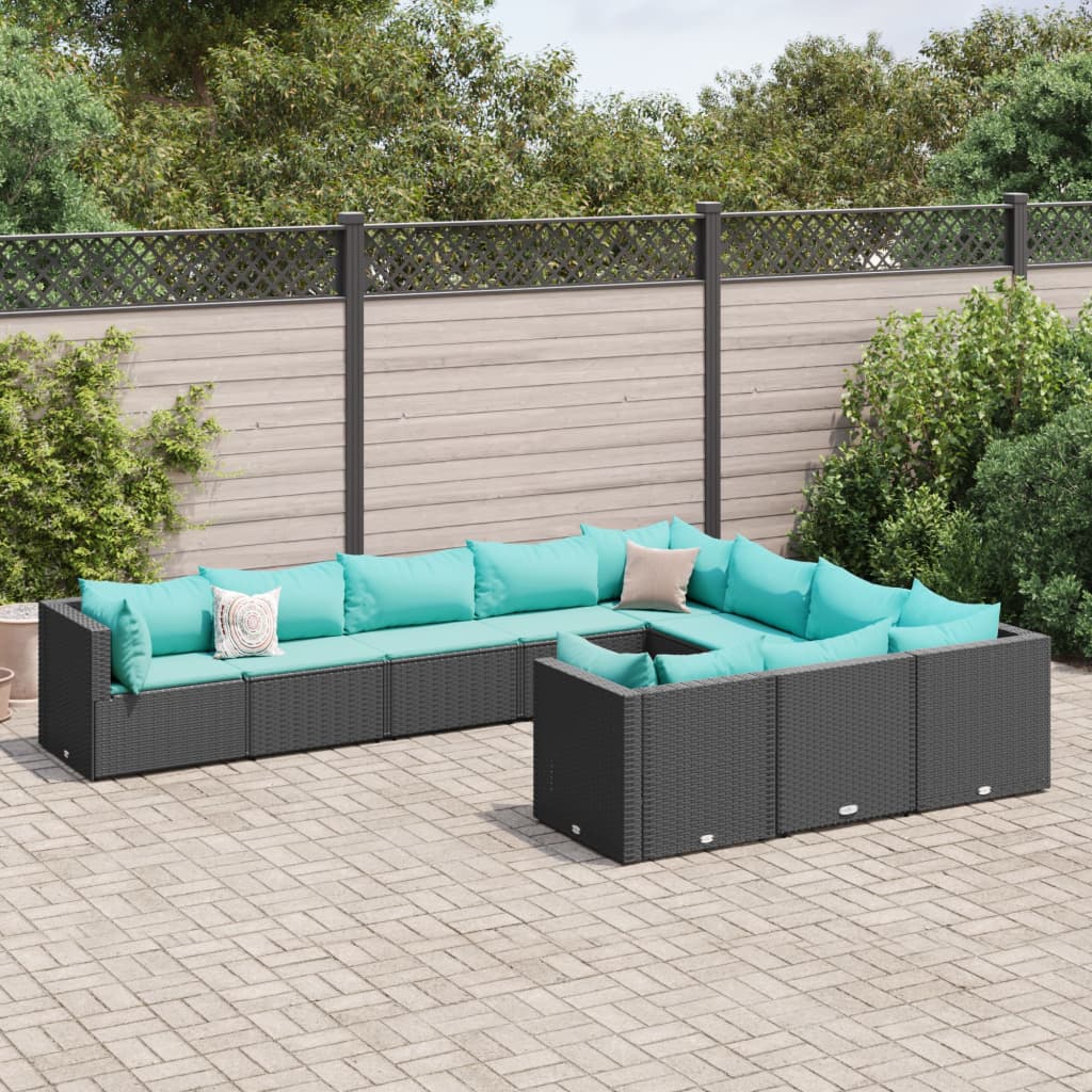 10 Pcs conjunto sofás de jardim c/ almofadões vime PE preto