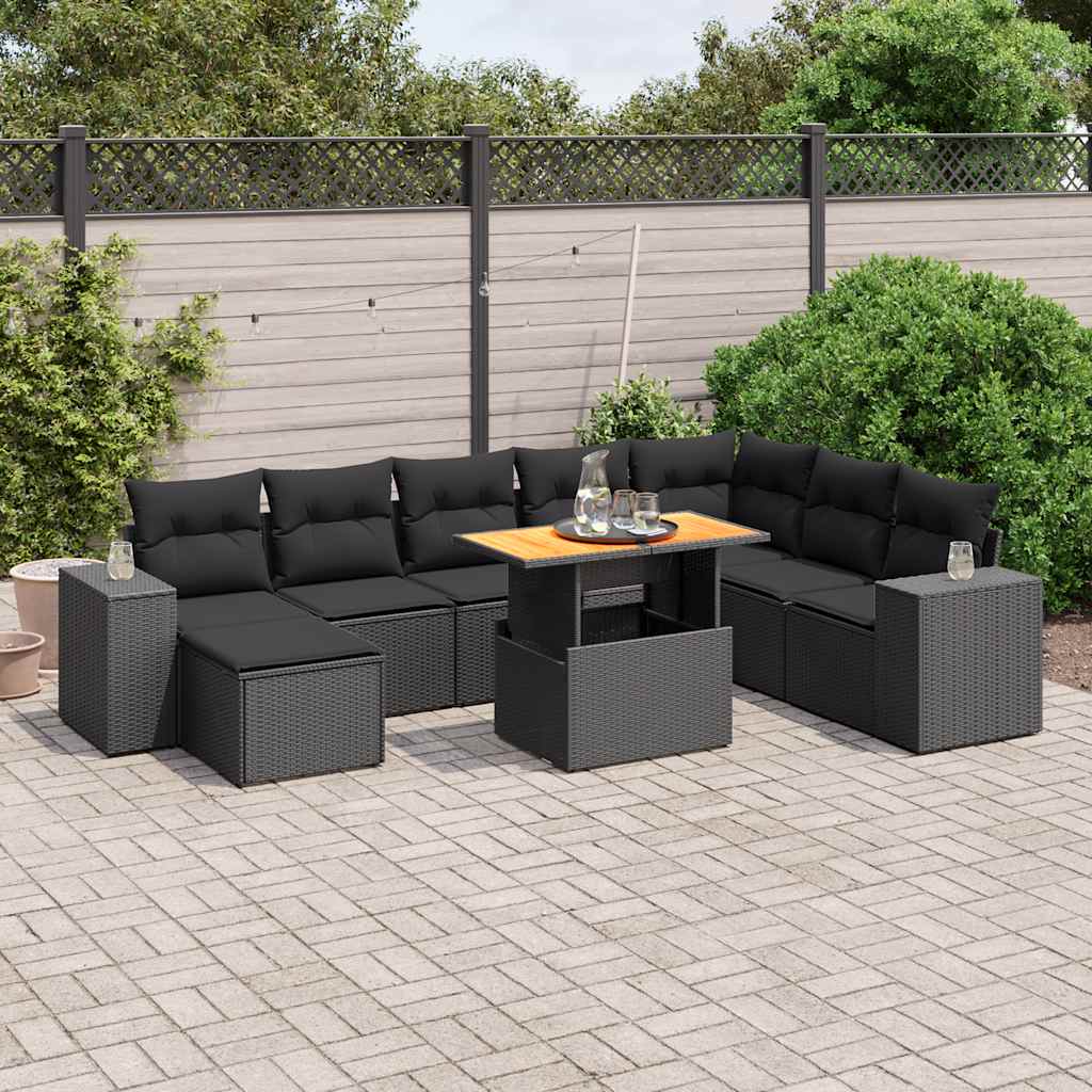 9 Pcs conjunto de sofás p/ jardim c/ almofadões vime PE preto