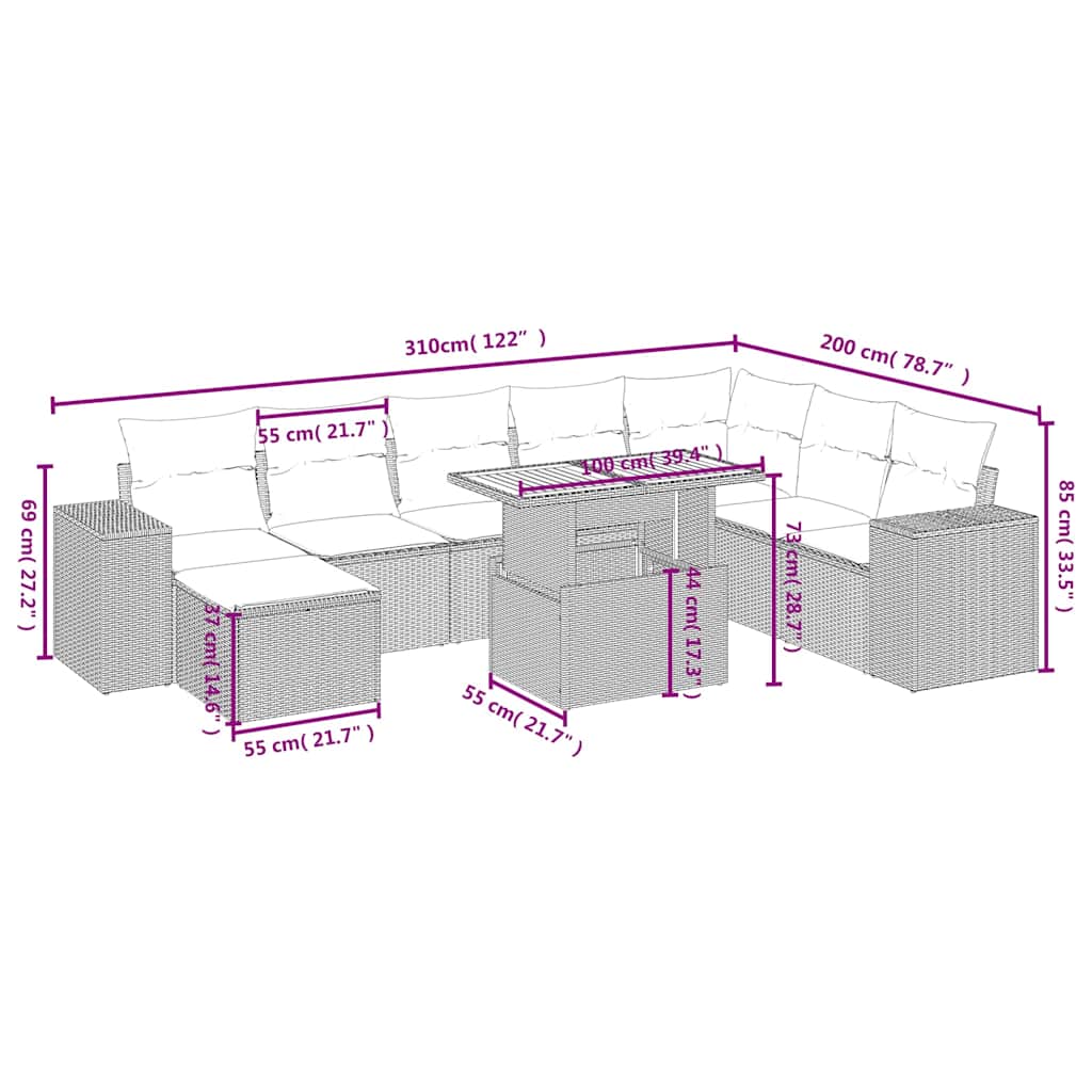 9 Pcs conjunto de sofás p/ jardim c/ almofadões vime PE preto