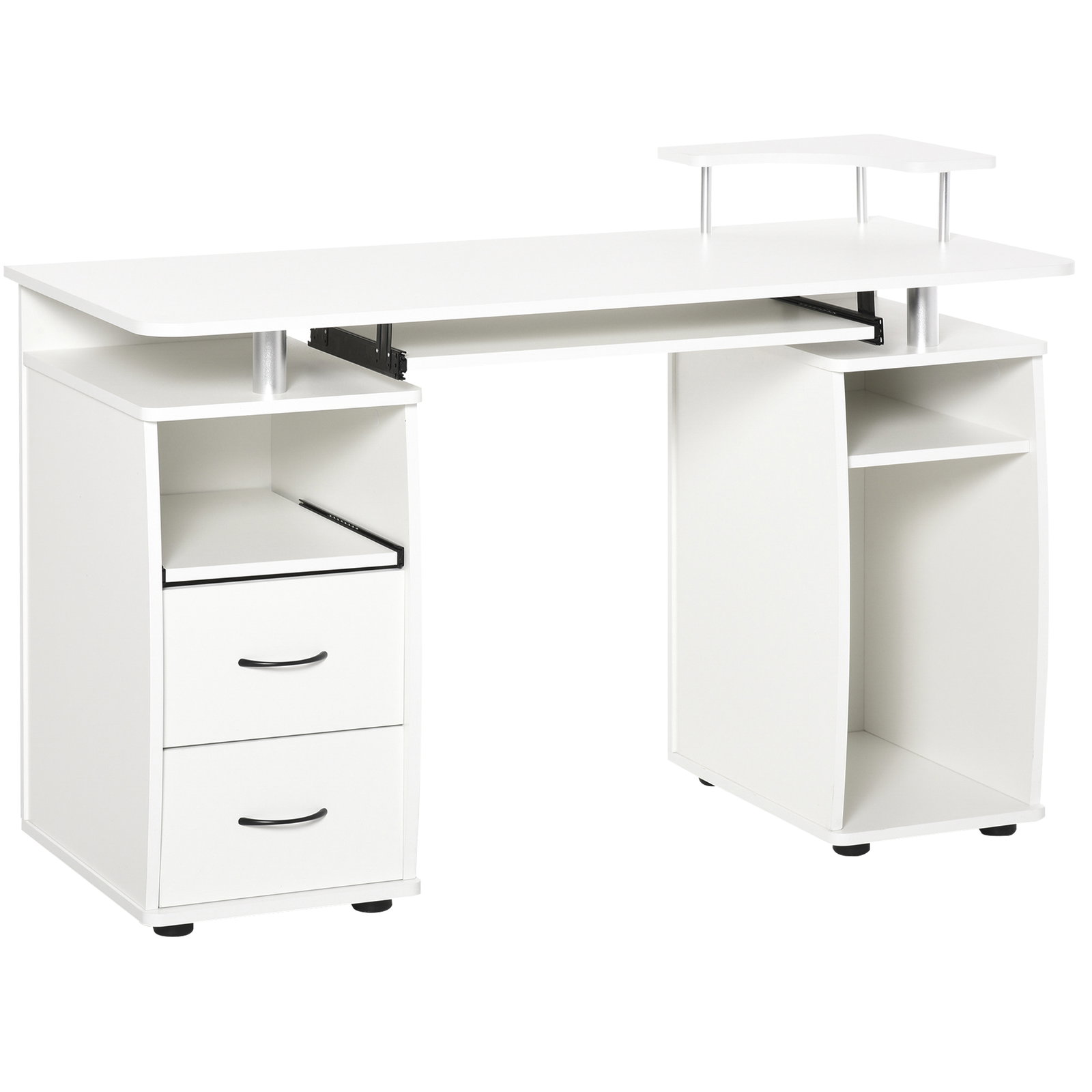 Mesa de computador com prateleiras 2 gavetas bandeja de teclado e suporte para monitor e cpu 120x55x85 cm branco