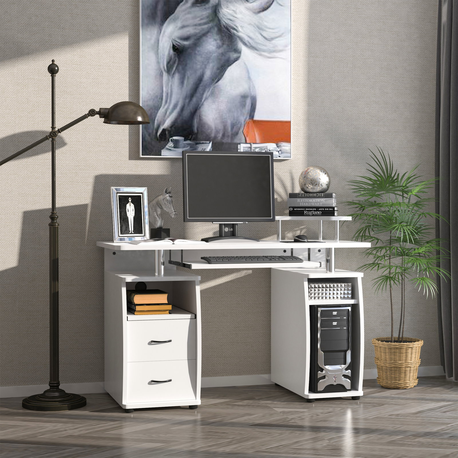 Mesa de computador com prateleiras 2 gavetas bandeja de teclado e suporte para monitor e cpu 120x55x85 cm branco