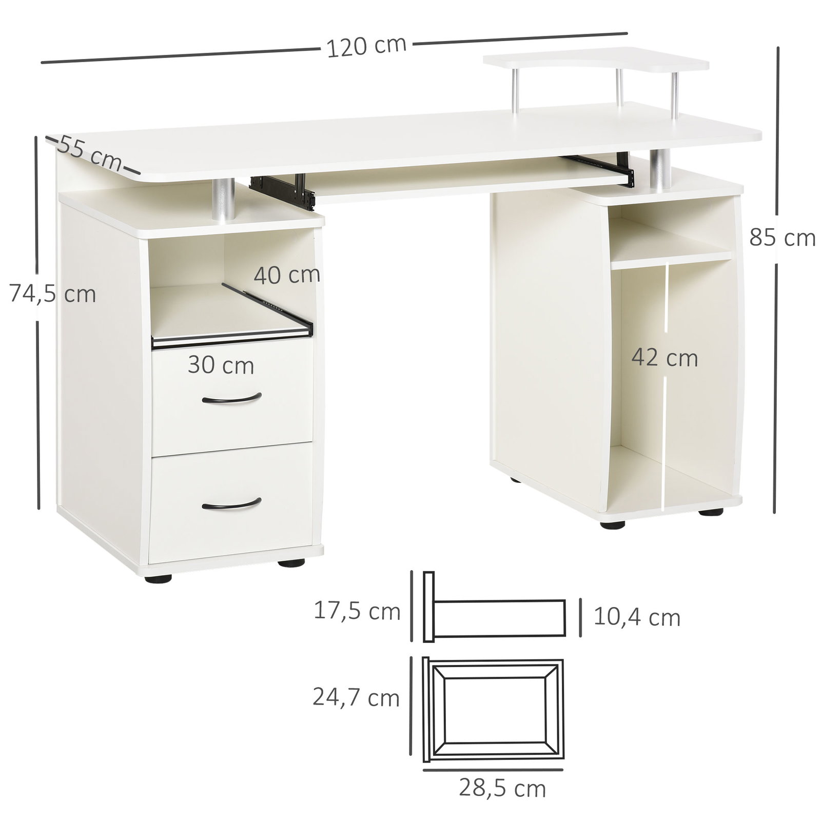Mesa de computador com prateleiras 2 gavetas bandeja de teclado e suporte para monitor e cpu 120x55x85 cm branco
