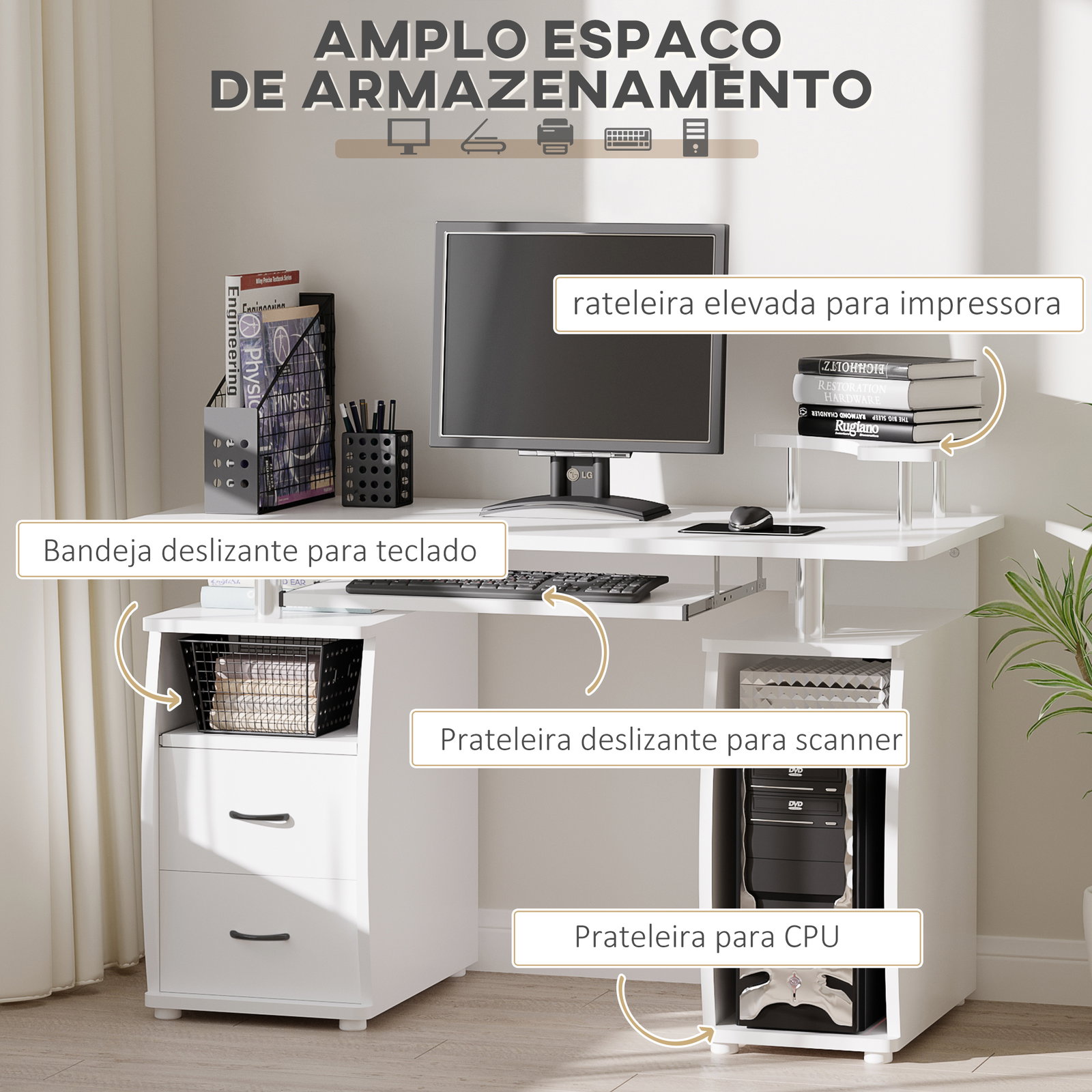 Mesa de computador com prateleiras 2 gavetas bandeja de teclado e suporte para monitor e cpu 120x55x85 cm branco