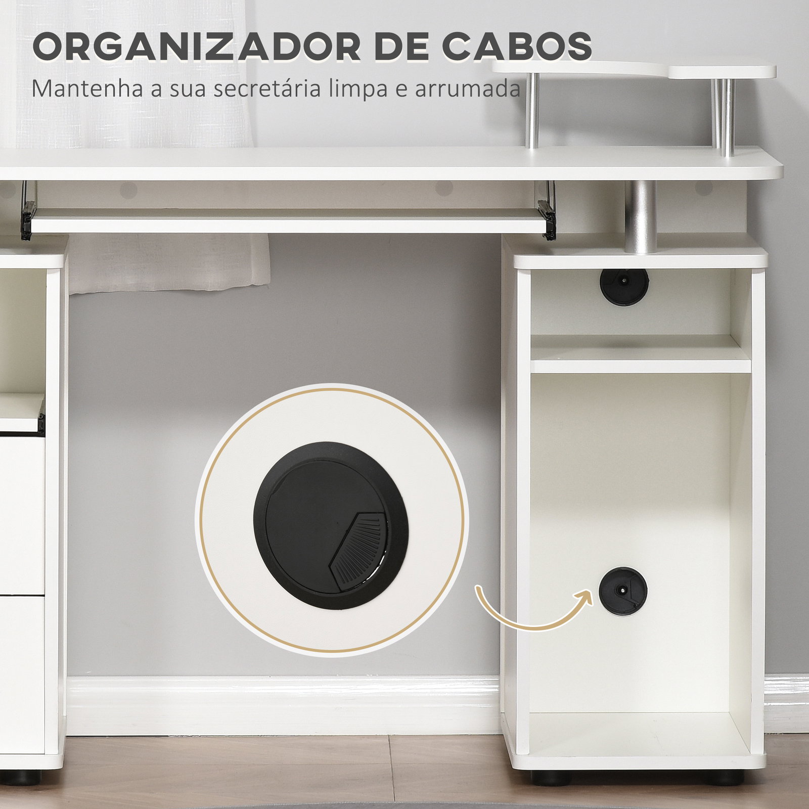 Mesa de computador com prateleiras 2 gavetas bandeja de teclado e suporte para monitor e cpu 120x55x85 cm branco