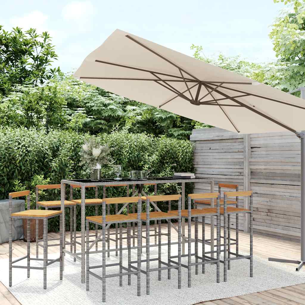 11 Pcs conjunto de bar p/ jardim vime PE/acácia maciça cinzento
