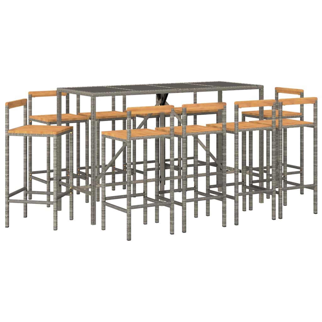 11 Pcs conjunto de bar p/ jardim vime PE/acácia maciça cinzento