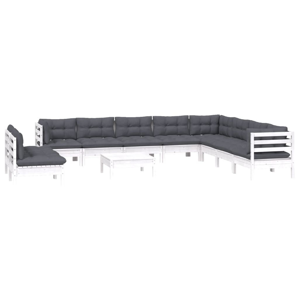 11 Pcs conj. lounge de jardim c/ almofadões pinho maciço branco