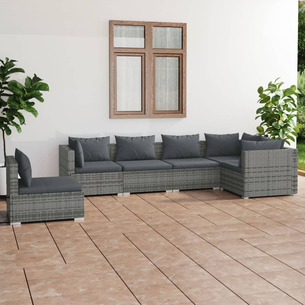 6 Pcs conjunto lounge de jardim c/ almofadões vime PE cinzento