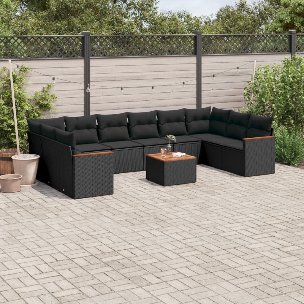 11 Pcs conjunto sofás de jardim c/ almofadões vime PE preto