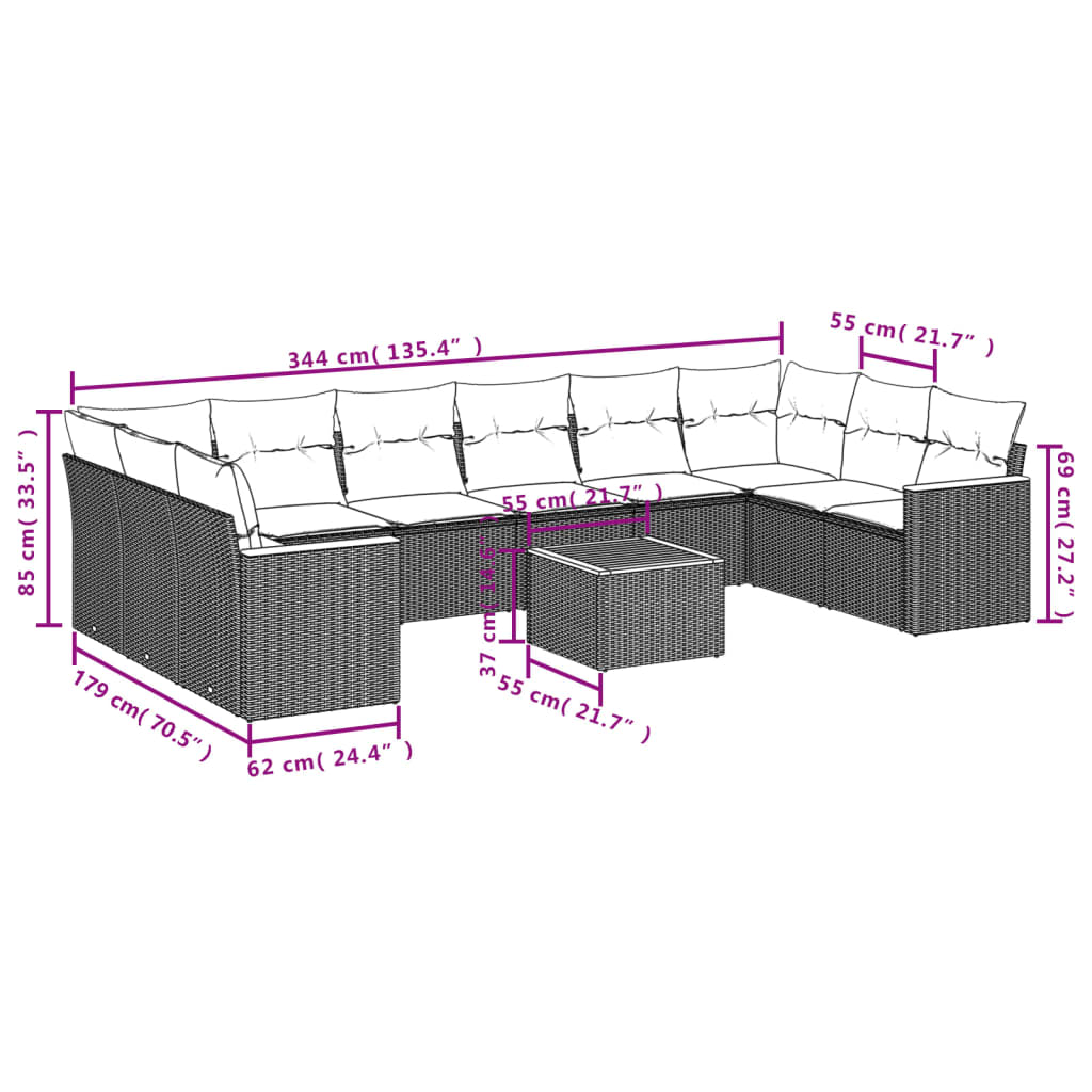 11 Pcs conjunto sofás de jardim c/ almofadões vime PE preto