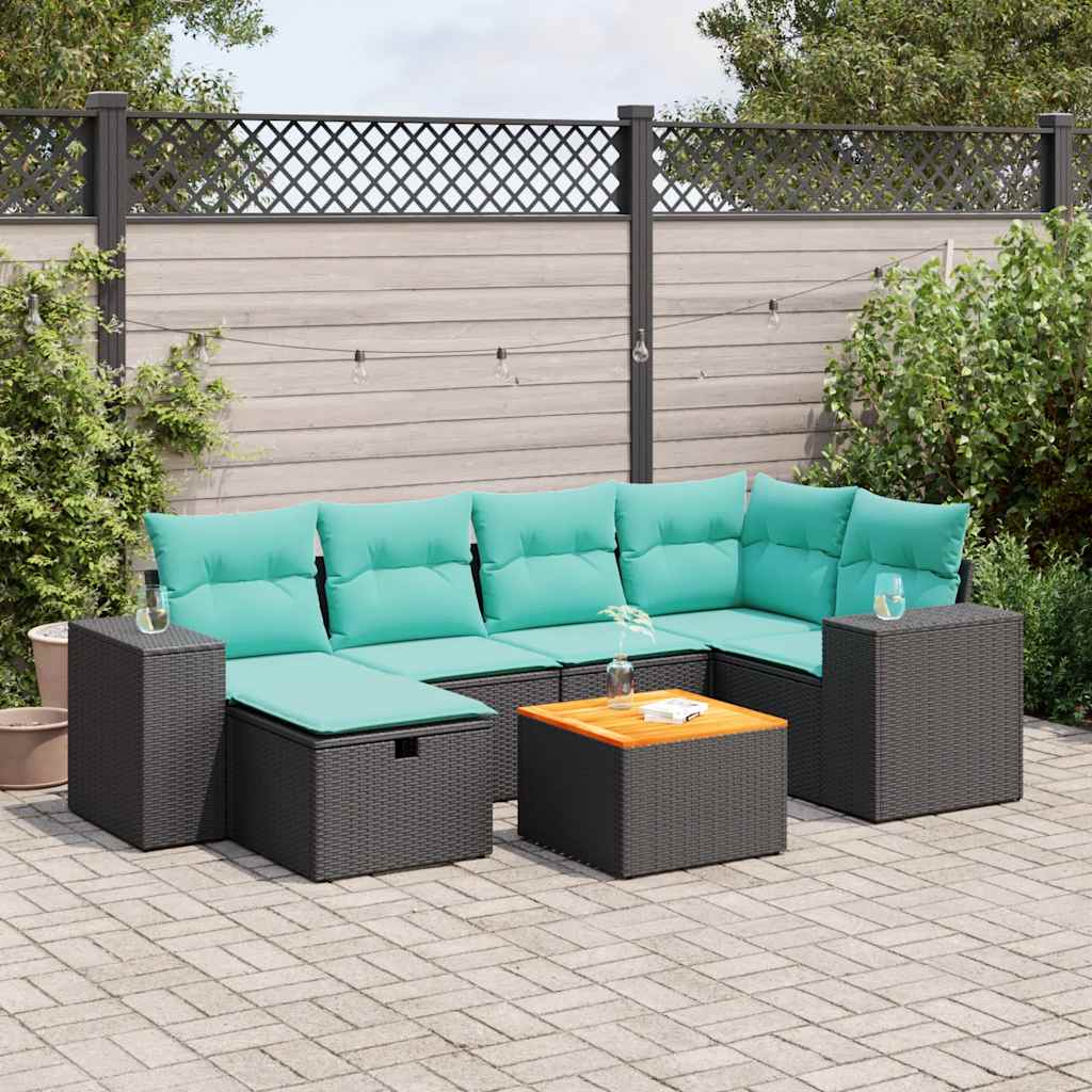 7 Pcs conjunto de sofás p/ jardim c/ almofadões vime PE preto