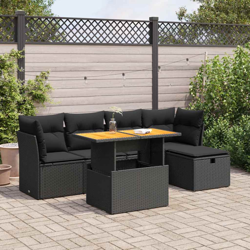 6 Pcs conjunto sofás jardim c/ almofadões vime PE/acácia preto