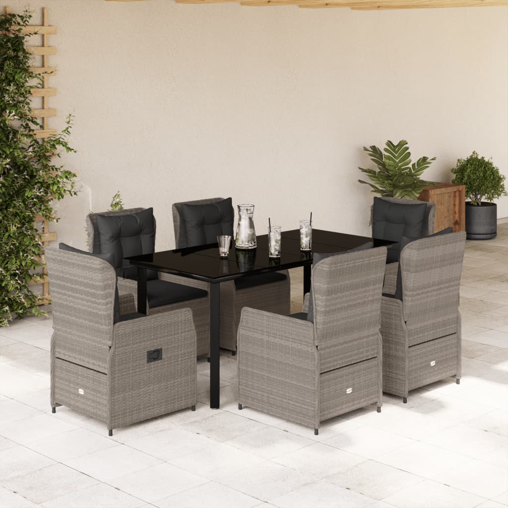 7 Pcs conj. jantar p/ jardim c/ almofadões vime PE cinza-claro