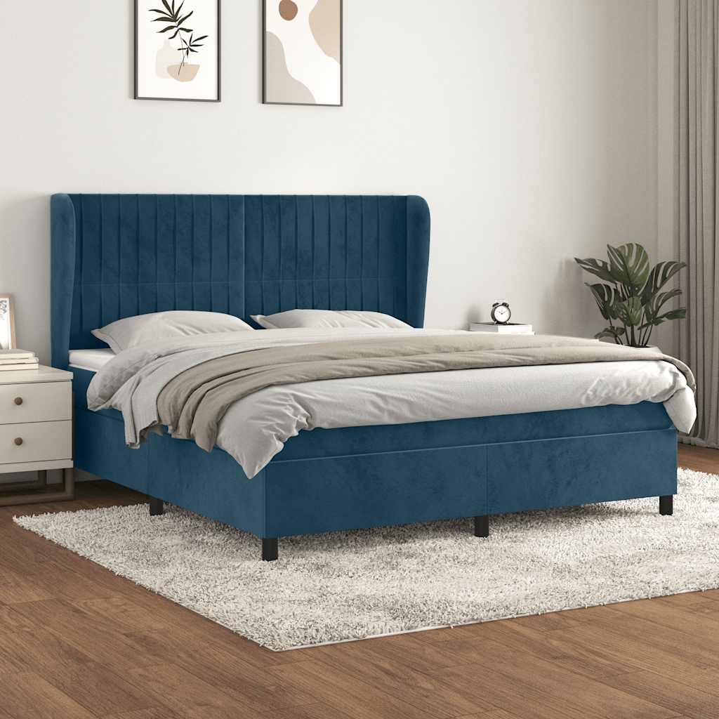Cama com molas/colchão 160x200 cm veludo azul-escuro