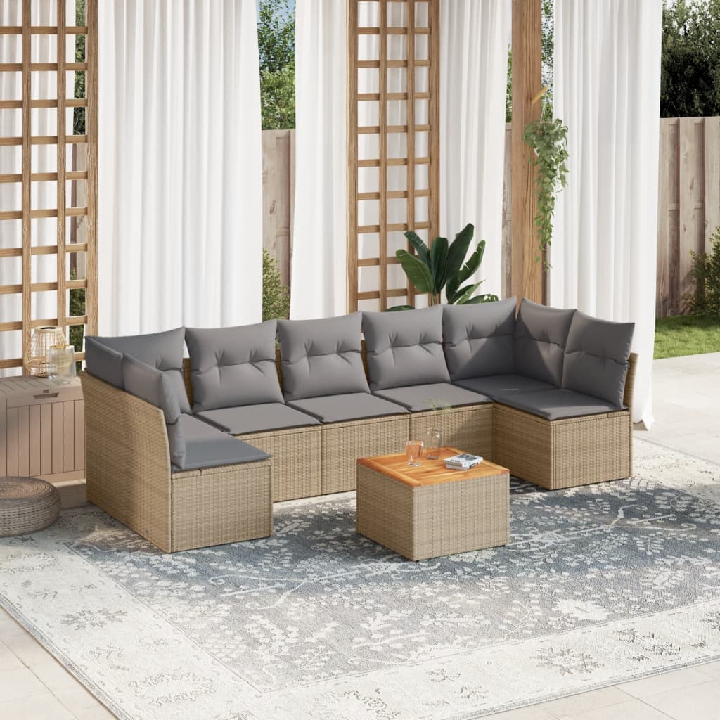 8 Pcs conjunto de sofás p/ jardim com almofadões vime PE bege